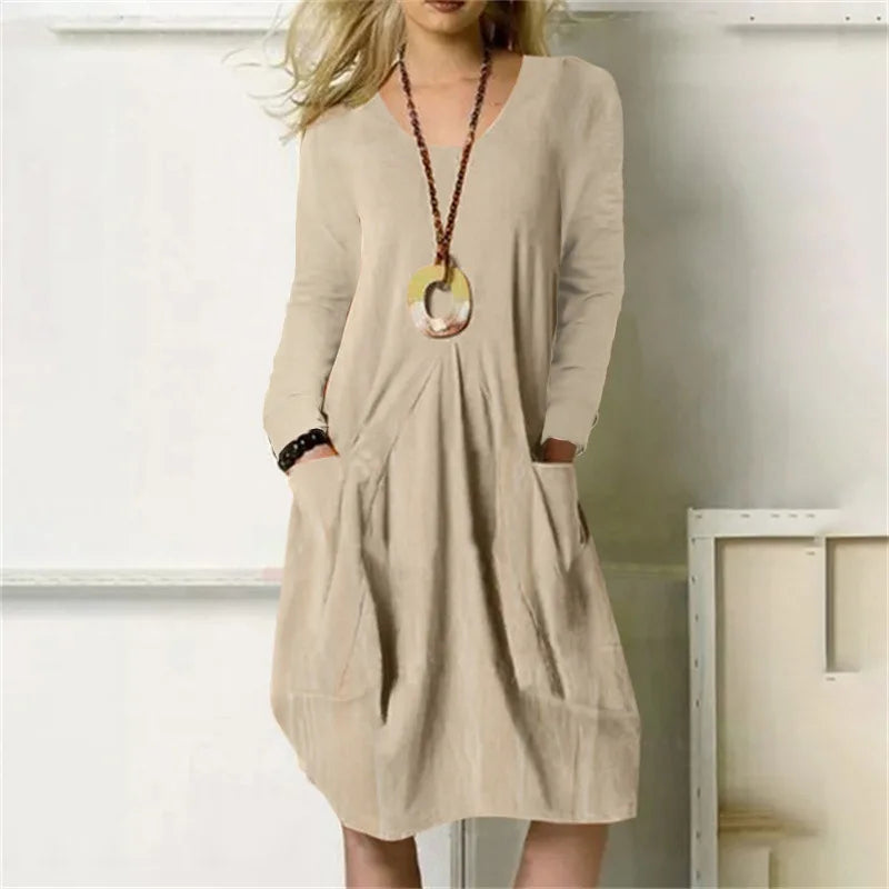 Élodie™ | Robe Décontractée en Coton et Lin à Manches Longues