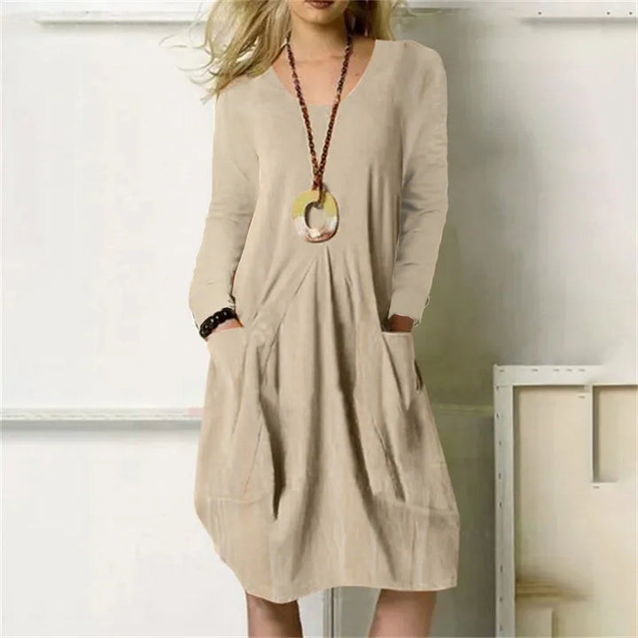 Élodie™ | Robe Décontractée en Coton et Lin à Manches Longues