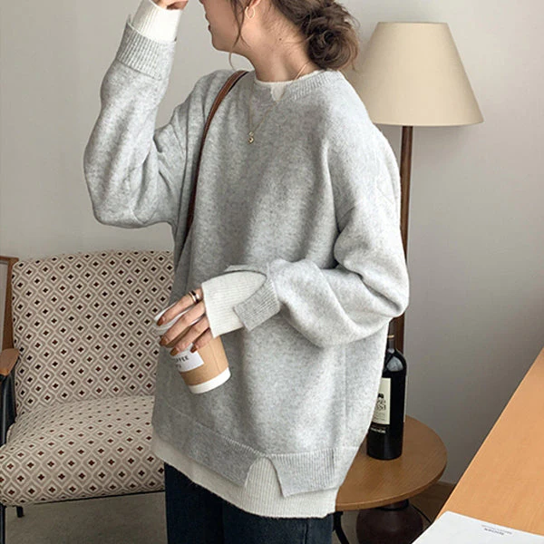 Sophie™ | Pull Oversize Gris et Blanc à Manches Longues