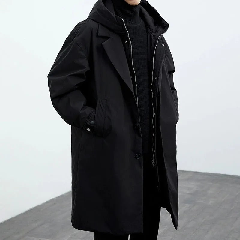 Manteau long matelassé imperméable pour hommes avec capuch